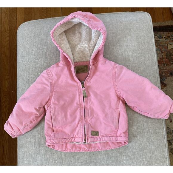 CE Schmidt Canvas Jacket Toddler Girls 2T Pink Hooded Sherpa Lined Work Coat - Picture 1 of 12